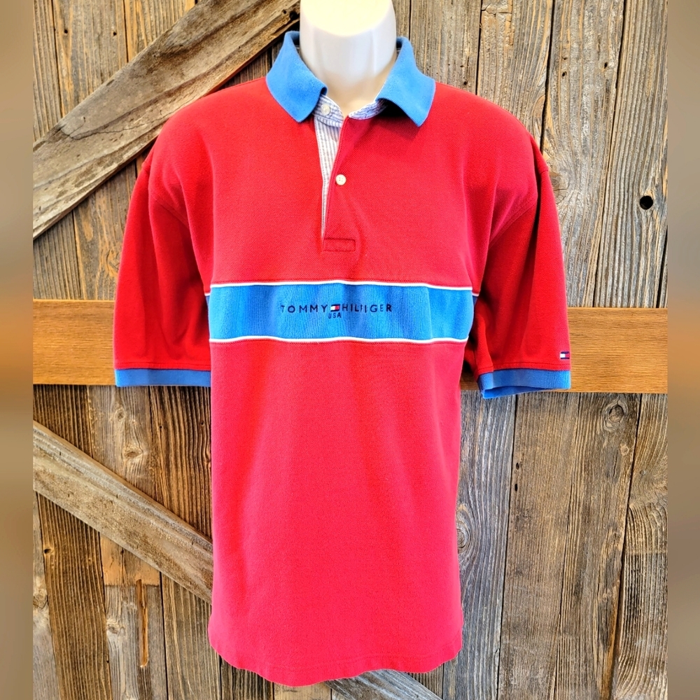 Tommy Hilfiger Red and Blue Polo Shirt